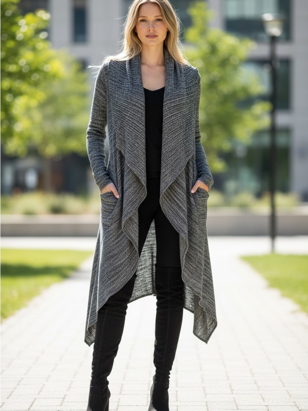 GUESS M/L Gray Marled Waterfall Longline Cardigan Sweater